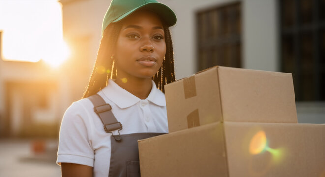 Confident Black female courier holding cardboard boxes at sunset. Professional delivery service worker in uniform. Logistics and e-commerce shipping concept