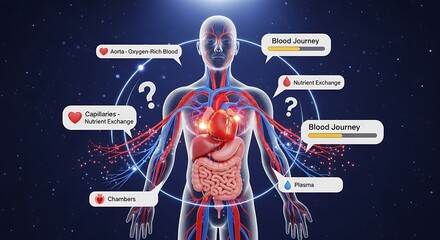 Human anatomy with circulatory system and informational callouts