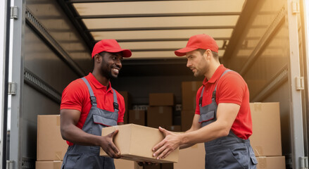 Diverse movers working together loading a delivery truck. Professional men in uniform passing a cardboard box. Logistics and shipping service concept