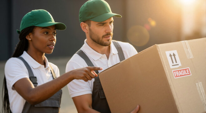 Diverse delivery workers collaborating on a shipment. Man holding a fragile cardboard box while his female colleague points. Teamwork and logistics service concept