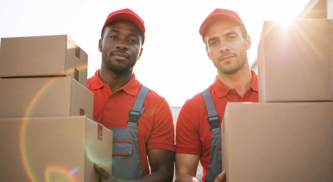 Two diverse professional movers carrying cardboard boxes. Delivery service workers in uniform looking at the camera. Teamwork and logistics concept
