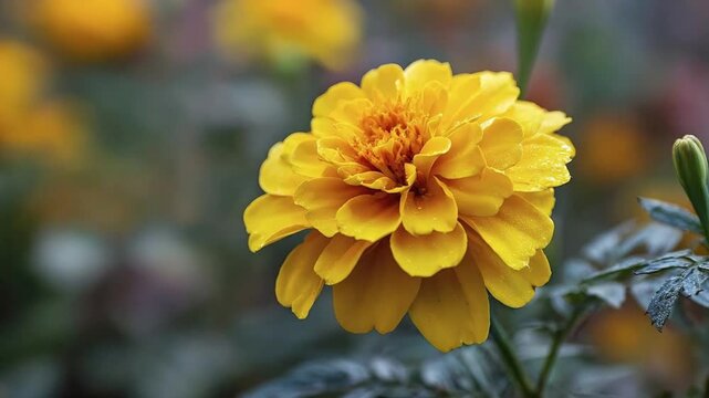 A close-up shot captures the exquisite detail of a vibrant yellow flower, its lush petals adorned with glistening water droplets, suggesting a fresh morning or recent rainfall. The intricate texture o