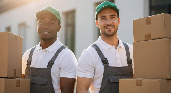 Diverse team of delivery men in uniform posing with moving boxes. Professional movers providing relocation and logistics services.