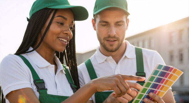 Diverse team of painters choosing colors from a swatch palette. Professional man and woman collaborating on a home improvement project. Teamwork and renovation service concept
