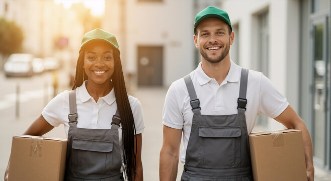 Friendly diverse delivery workers smiling while holding cardboard boxes. Professional moving service team in uniform. Logistics and shipping concept