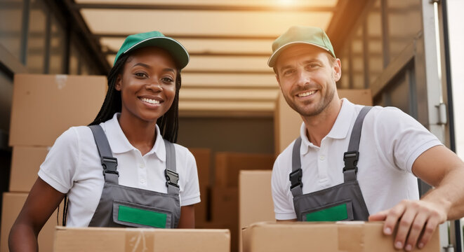 Friendly diverse movers holding boxes in a delivery truck. Professional man and woman providing relocation services. Teamwork and logistics concept
