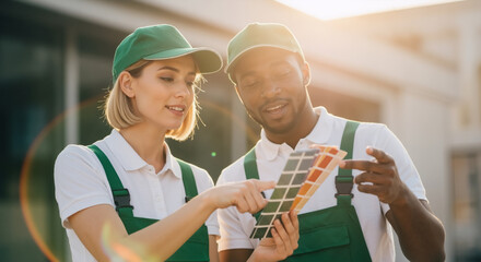 Diverse team of painters choosing colors from a swatch. Professional man and woman working on a home renovation project. Teamwork and collaboration concept