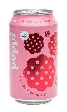 Can of Poppi Raspberry Rose Prebiotic Soda on a transparent background