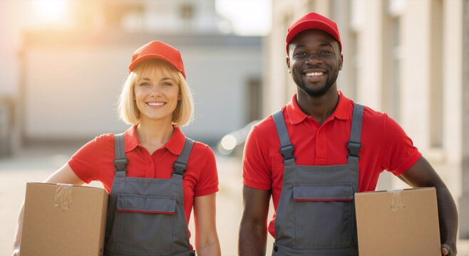 Friendly delivery couple in uniform holding boxes and smiling. Diverse team of movers working together. Professional shipping and logistics service