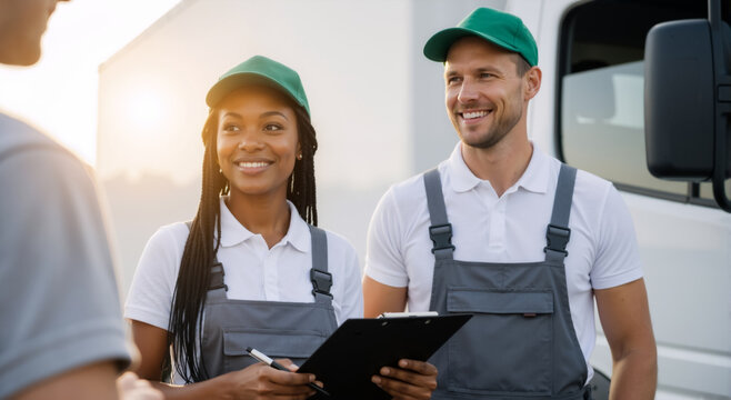 Diverse logistics team next to a delivery truck. Smiling movers in uniform with a clipboard talking to a customer. Teamwork and communication in the shipping industry - Powered by Adobe