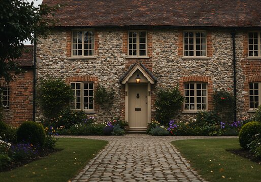 Facade of a historic flint and brick house with path.