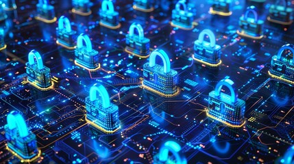Futuristic cybersecurity with digital padlocks on a glowing circuit board for data protection