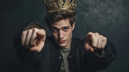 A confident young man, adorned with a regal golden crown, points assertively with both hands directly at the viewer. His intense gaze conveys a powerful message of ambition, leadership, and unwavering