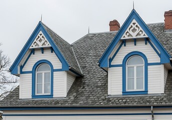 Two peaked gabled roofs with arch-shaped single-hung windows. The roof has grey asphalt shingles in a mansard style. The eave has decorative cornices at the peaks. The wall is white with blue trim.