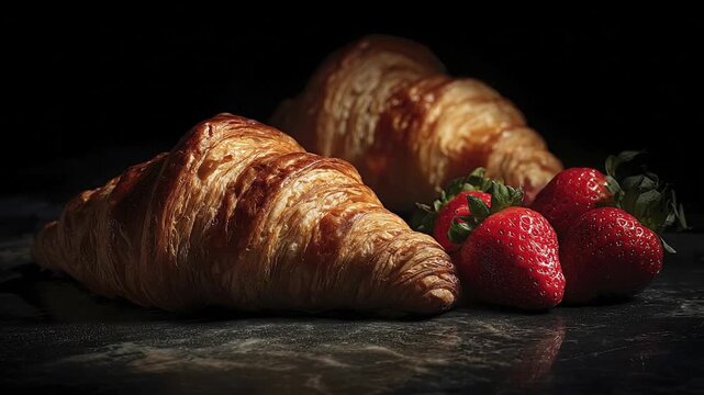 A delectable close-up captures two freshly baked, golden croissants, boasting their flaky, buttery layers. Adjacent to these inviting pastries are several vibrant red strawberries, glistening with nat