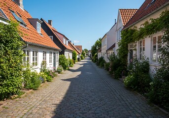 Strandgade, Dragør, Denmark—sunlit cobblestone lane lined with historic houses, red tile roofs and lush greenery under a blue summer sky; an idyllic Nordic village streetscape.