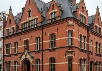 A detailed view of the Salisbury Building, showcasing its red brick facade and symmetrical architectural design. The structure features decorative gables