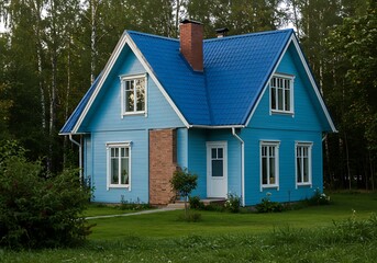 Blue house with a blue roof. There is a chimney on the roof