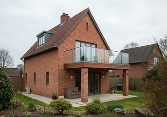 view of red brick house with glazed balcony. house with a high gable roof. brick house with attic