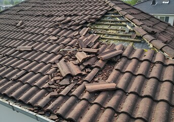 storm damage to a tiled roof, destroyed roof tiles, Ceramic roof tiles