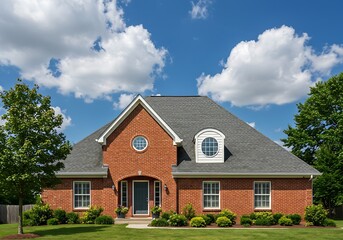 A modern brick house with a gabled roof, white trim, and a round window. The red brick walls and clean lines stand out under a bright, partly cloudy sky.