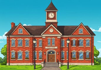 A cartoon illustration of a traditional two-story school building with a red brick facade, numerous windows, a central entrance, and a prominent clock on the front.