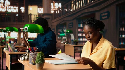 African american scholar highlighting the relevant information from class notes, creating a summary with highlighter pen. Student underlining key words and phrases from the course. Camera A.