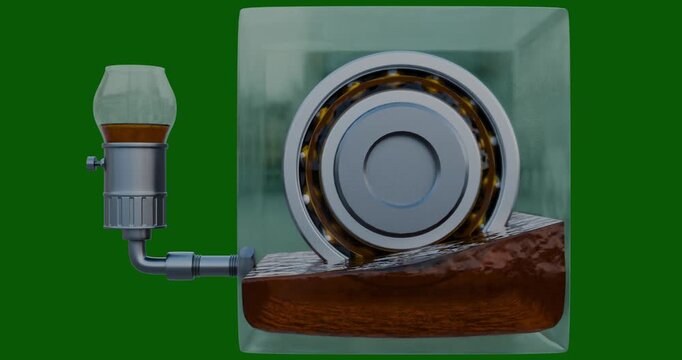 Lubricated bearing demonstrating the effect of installing constant level oiler on the wrong side of bearing housing.  Video shows how oil level drops in reservoir and bearing housing gets overfilled.