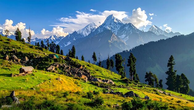 A picturesque valley unfolds, showcasing lush greenery, snow-capped mountains, and rustic huts nestled in the foothills.