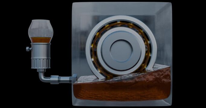 Lubricated bearing demonstrating the effect of installing constant level oiler on the wrong side of bearing housing.  Video shows how oil level drops in reservoir and bearing housing gets overfilled.