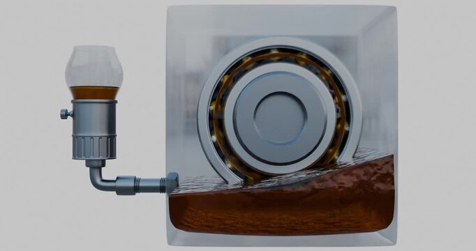 Lubricated bearing demonstrating the effect of installing constant level oiler on the wrong side of bearing housing.  This shows how oil level drops in reservoir and bearing housing gets overfilled.