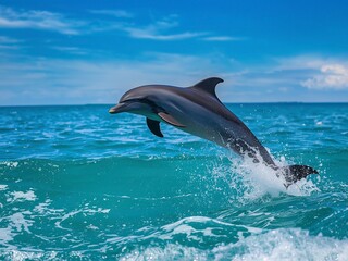 Obraz premium Dynamic dolphin leaping from turquoise ocean waves under a bright blue sky, creating stunning splashes, ideal for travel promotions