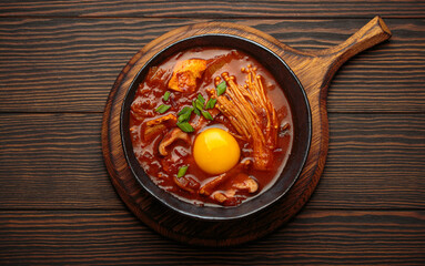 Hearty traditional korean jjigae soup served in a black bowl on a rustic wooden board, stew with egg yolk, enoki mushrooms, shiitake, tofu and green onions in a spicy red broth