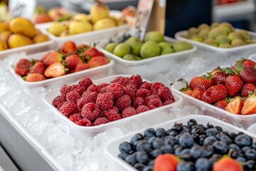 Fresh berries and fruit on ice at market