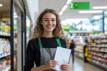 Supermarket employee smiling holding checklist in grocery store