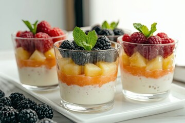 Layering fruit parfait with fresh berries and yogurt