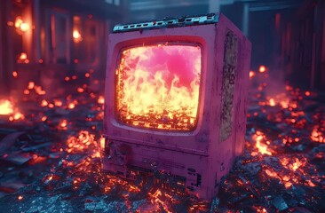 Retro TV Inferno: Burning Digital Memories in a Post-Apocalyptic Wasteland - Powered by Adobe