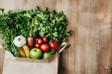 Fresh vegetables and fruits in paper grocery bag