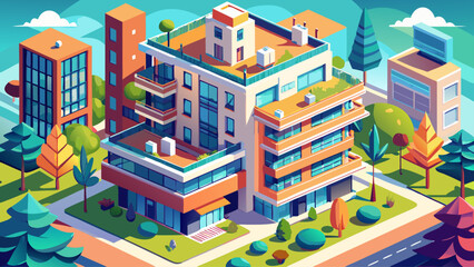 Fototapeta premium Isometric apartment building vector illustration with balconies, rooftop, trees, 3D perspective, scalable architecture, clean lines, vibrant colors, urban skyline, professional detailed design, modern