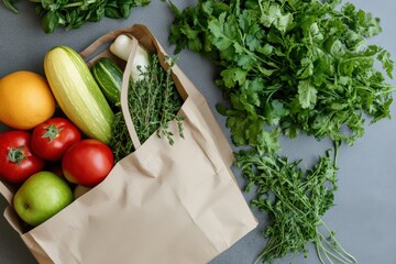 Paper bag with fresh groceries and healthy vegetables