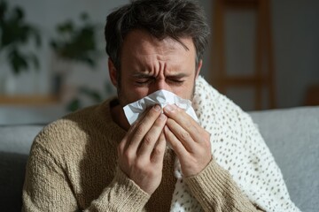 Young adult man blowing nose feeling unwell at home