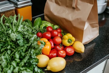 Fresh vegetables and groceries in paper bag on kitchen counter