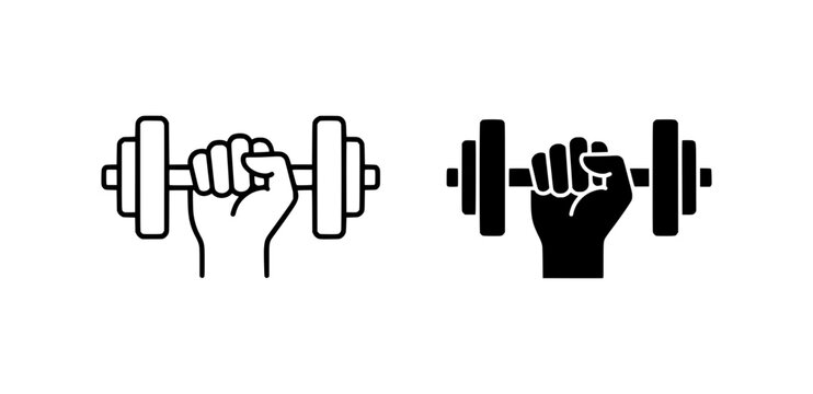 Outline and solid black vector icon of a hand lifting a dumbbell symbolizing strength and fitness