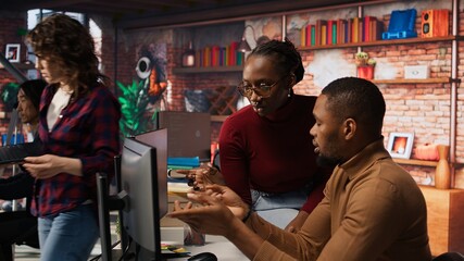 Teamworking programmers creating deep learning models analyzing data in artificial intelligence...