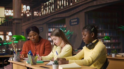 Female teacher engaging with schoolgirls during private lessons, provides mentoring session and...