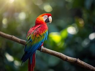 Fototapeta premium Stunning Scarlet Macaw perched gracefully on a branch, vibrant colors pop against lush green bokeh, ideal for travel and wildlife projects