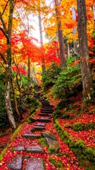 Naklejka premium Winding stone staircase path with vibrant autumn foliage