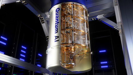 3d rendered visualization of a quantum computer dedicated for AI.  The label "Quantum AI" is printed on the side of the cutaway enclosure.
