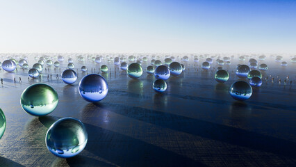 3d rendered image of a surreal scene featuring a field of glass orbs with people walking around them.