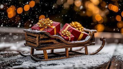 Wooden Sleigh with Presents in Snow with Falling Snowflakes